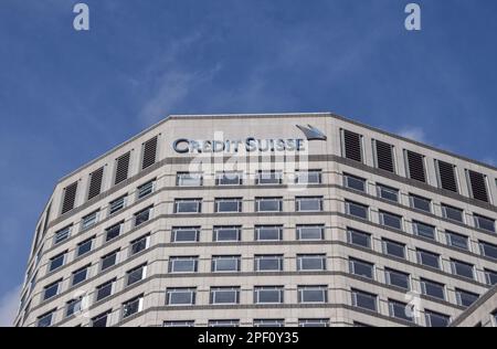 London, Großbritannien. 16. März 2023. Allgemeiner Überblick über den Hauptsitz der Credit Suisse UK in Canary Wharf, dem Finanzviertel der Hauptstadt. (Kreditbild: © Vuk Valcic/SOPA Images via ZUMA Press Wire) NUR REDAKTIONELLE VERWENDUNG! Nicht für den kommerziellen GEBRAUCH! Stockfoto