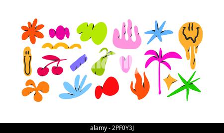 Handgezeichneter Vektor Abstraktes, einfaches, zeitgenössisches Set kreativer Dekoration Retro-Formen, Formen und Kritzelobjekte Lächeln, Palmen, Obst-Design Stock Vektor