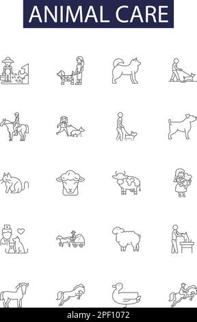 Vektorsymbole und -Zeichen für Tierpflegeleiten. Pflege, Veterinär, Haustier, Fütterung, Pflege, Training, Unterbringung, Zucht, Kontur, Vektorbildungs-Set Stock Vektor