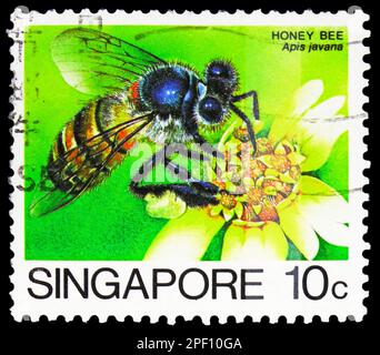 MOSKAU, RUSSLAND - 17. FEBRUAR 2023: Poststempel gedruckt in Singapur zeigt Asiatische Honigbiene (APIs cerana javana), Insektenserie, ca. 1985 Stockfoto