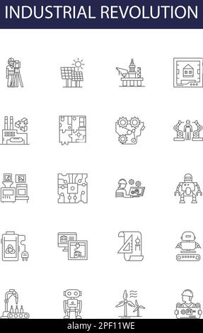 Vektorsymbole und -Zeichen für industrielle Revolution. Revolution, Maschinen, Fertigung, Kapitalismus, Landwirtschaft, Dampf, Baumwolle, Arbeiter, Konturvektor Stock Vektor
