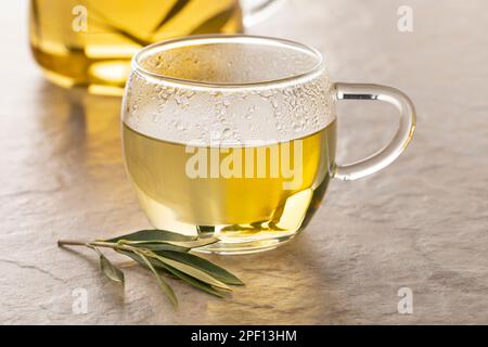 Teeglas mit getrockneten Olivenblättern Tee und einem frischen Zweig Olivenblätter davor Stockfoto