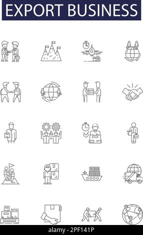 Exportieren Sie Vektorsymbole und -Zeichen für Geschäftsbereiche. Geschäft, Handel, Versand, Fracht, Transport, Goods, Commodities, Cargo Outline Vector Illustrations Set Stock Vektor
