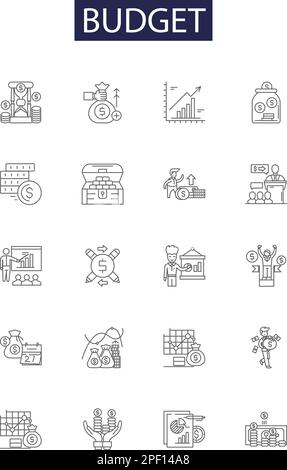 Vektorsymbole und -Zeichen für Budgetpositionen. Kosten, Ausgaben, Mittel, Einsparungen, Geld, Vektoranschauungssatz für Ressource, Umlage, Ausgabenstruktur Stock Vektor
