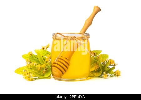 Isolierte Honigbiene in Glasgefäß mit Honigstiel auf weißem Hintergrund, Bienenprodukte. Gesundes Bio-Food-Konzept. Stockfoto