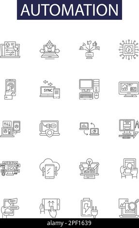 Vektorsymbole und -Zeichen für Automatisierungslinien. Robotik, Mechatronik, KI, Cybernetik, Programmierung, Algorithmus, Steuerung, Konturvektor der Technologie Stock Vektor
