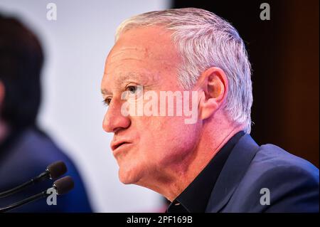 Paris, Frankreich. 16. März 2023. Didier DESCHAMPS von Frankreich auf der Pressekonferenz der französischen Fußballmannschaft kündigte die Liste der Spieler an, die am 16. März 2023 am Sitz der FFF in Paris für den Beginn der UEFA Euro 2024-Qualifikation ausgewählt wurden - Photo Matthieu Mirville/DPPI Credit: DPPI Media/Alamy Live News Stockfoto