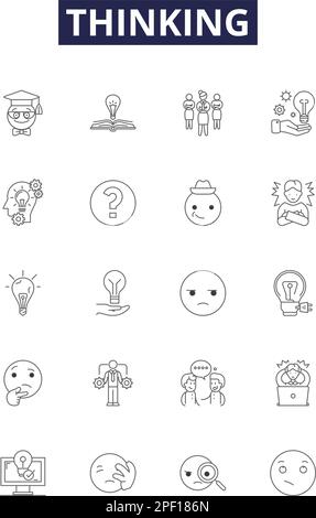 Denklinien-Vektorsymbole und -Zeichen. Nachdenken, Überlegen, Denken, Brainstorming, Überlegen, Konzeptualisieren, analysieren, kognitive Konturen Stock Vektor