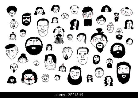 Doodle niedliche Gesichter gesetzt. Handgezeichnete Umrisse von Personen auf weißem Hintergrund isoliert. Human Avatar Collection. Cartoon junge, alte verschiedene Nationalitäten wom Stock Vektor