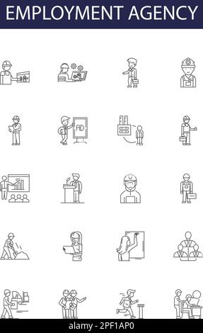 Liniensymbole und -Zeichen der Arbeitsagentur. Agentur, Tätigkeit, Personalbeschaffung, Einstellung, Suche, Personalbesetzung, Sucher, Bewerber umreißen Vektorbildungs-Set Stock Vektor