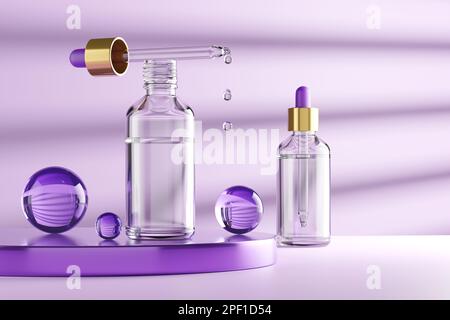 Glasflasche Mit Lavendelfarbenem Tropfendesign. Сosmetic Serumpipette mit goldenen Kugeln – 3D-Rendering zur Illustration Stockfoto