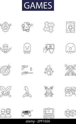 Symbole und Zeichen für Spiele-Linienvektoren. Puzzle, Sport, Brett, Kinder, Abenteuer, Video, Karte, Strategiekonstruktion, Vektorbildungs-Set Stock Vektor
