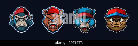 Cartoon-Tierkopf, rot-blaue Sport-Logo-Kollektion mit weißer Umrandung. Zorniges Gesicht von Gorilla-, Grizzly-, Bär- und Biberfiguren. Sportmannschaft Stock Vektor