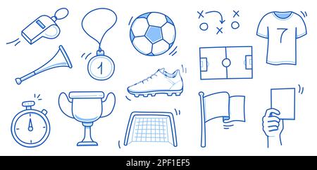 Doodle Fußball-Element-Set. Fußballtor, Pokal, Fußball handgezogene Linien, Ausrüstung im Skizzenstil. Vektordarstellung Stock Vektor