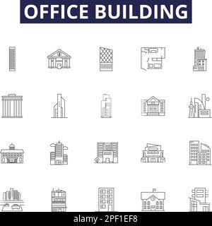 Vektorsymbole und -Schilder für Bürogebäude. Büro, Gebäude, Architektur, Stadt, Stadt, Moderner Wolkenkratzer, Design-Vektor-Zeichnungssatz Stock Vektor