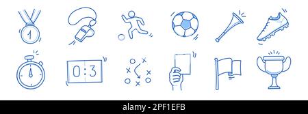 Fußball-Doodle-Symbol. Fußballtor, Pokal, Pfiff, handgezogene Linie, Zeichensymbol. Vektordarstellung Stock Vektor