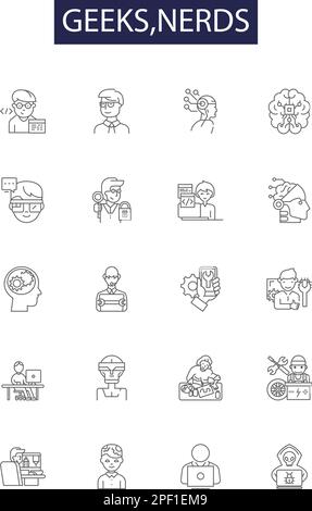 Geeks, Nerds Linien-Vektorsymbole und -Zeichen. Nerds, STEM, Technologie, Programmierer, Wissenschaftler, Computer, Mathematik, Konturdarstellung Stock Vektor