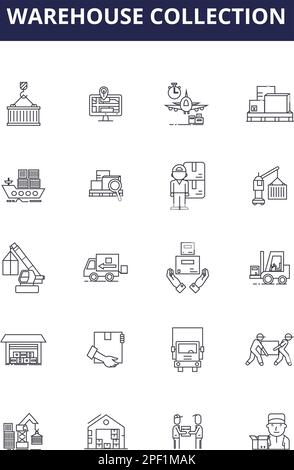 Vektorsymbole und -Zeichen der Wareneingangslinie. Abholung, Logistik, Versand, Lagerung, Großpackung, Lager, Verteilung, Gliederungsvektor auswählen Stock Vektor