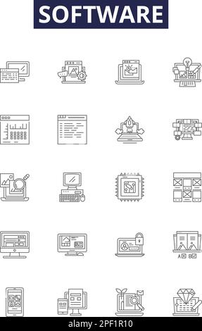 Software-Linienvektorsymbole und -Zeichen. Programm, App, Softwareentwicklung, Suite, Betrieb, Vektordarstellung der Plattform-, Anwendungs- und Codestruktur Stock Vektor