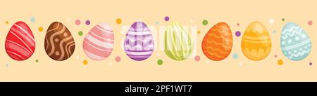 Ostereier hintereinander, mehrfarbig mit Aufdruck. Stock Vektor