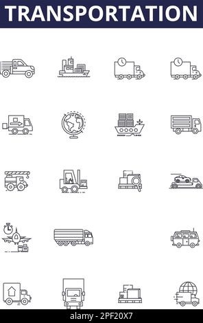 Vektorsymbole und -Schilder für Transportlinien. Autos, Züge, Boote, Flugzeuge, Versand, Radfahren, Taxis, U-Bahnen Stock Vektor