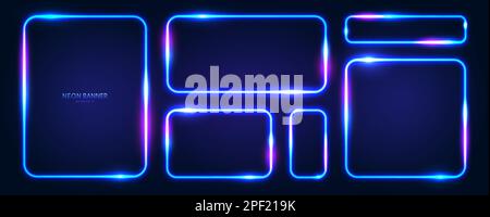 Ein Satz rechteckiger Neonrahmen mit abgerundeten Kanten und Strahlungseffekten, die auf einem dunklen Hintergrund hervorgehoben werden. Futuristische, moderne, leuchtende Neonbanner. Stock Vektor