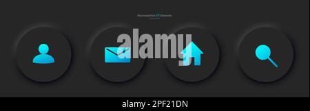 Eine Gruppe von Benutzeroberflächenelementen für eine mobile Anwendung in Schwarz mit blauen Elementen. Tasten für mobile Geräte im Stil der Pneumorphie, UI, UX. Stock Vektor