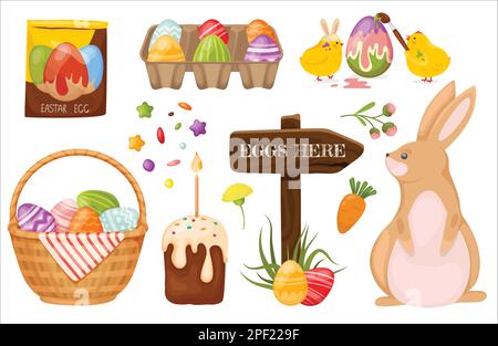 Leuchtendes Osterset mit süßen Eiern, Häschen, Eierfarbe Stock Vektor
