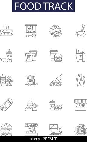 Vektorsymbole und -Schilder für Food Track-Linien. Nachverfolgung, Lieferung, Versand, Logistik, Lebensmittel, Vektorbildungs-Set für Restaurant, Bestellung, schnelle Kontur Stock Vektor