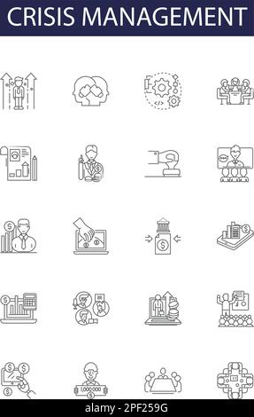Vektorsymbole und -Zeichen für Krisenmanagement-Linien. Management, Planung, Strategie, Abwehr, Notfall, Umrissvektor für Reaktion, Prävention, Umgehung Stock Vektor