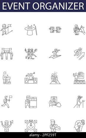 Linienvektorsymbole und -Zeichen des Ereignisorganisators. Organisator, Koordinator, Direktor, Arrangeur, Gastgeber, Producer, Controller, Custodian-Konturvektor Stock Vektor