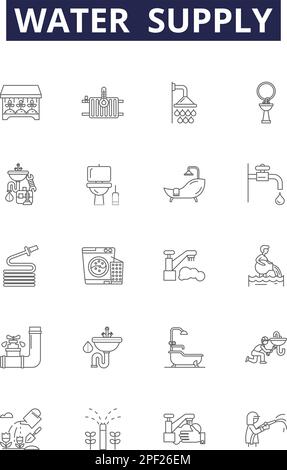 Vektorsymbole und -Schilder für die Wasserversorgungsleitung. Wasser, Hydratation, Aqua, Bewässerung, Trinken, Aquädukt, Entwässerung, Kontur des Reservoirs, Vektorbildungs-Set Stock Vektor