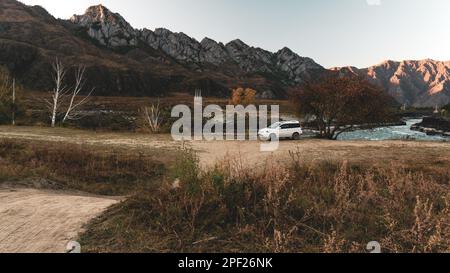 Ein alter Crossover der Marke „Honda HR-V“ fährt die Straße in der Nähe eines Baumes in der Nähe der Berge am Fluss im Altai in Sibirien hinauf. Altai, Russland – Octob Stockfoto