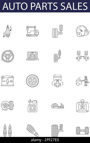 Vektorsymbole und -Schilder für Autoteile. Teile, Verkauf, Auto, Lkw, Motor, Vektorabbildung für Aufhängung, Zubehör, Auspuff Stock Vektor