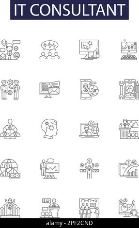 Linienvektorsymbole und -Schilder für IT-Berater. IT, Beratung, Professional, Services, Lösungen, Outline-Vektor für Analyse, Implementierung und Migration Stock Vektor