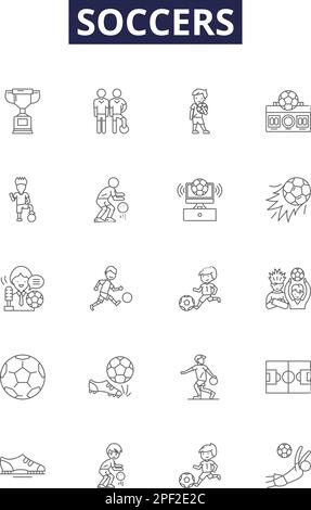 Fussball-Linienvektorsymbole und -Zeichen. Fußball, Tore, Schuhe, Schuhe, Schießen, Dribble, Passing, Control Outline Vector Illustrationssatz Stock Vektor