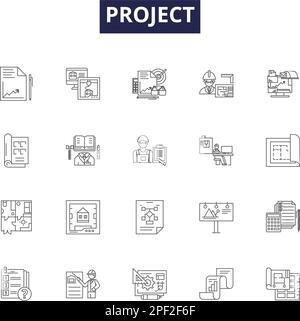 Projizieren von Linienvektorsymbolen und -Zeichen. Initiative, Unternehmen, Schema, Plan, Programm, Stratagem, Venture, Design Outline Vector Illustration Set Stock Vektor