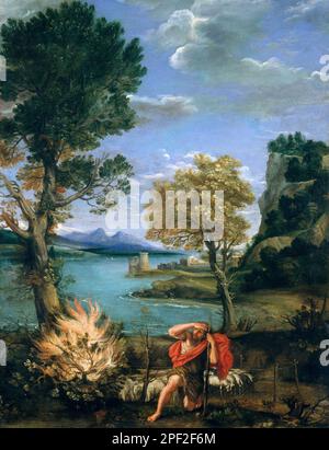 Landschaft mit Moses und dem brennenden Busch von Domenichino (Domenico Zampieri: 1581-1641), Öl auf Kupfer, ca. 1610-16 Stockfoto