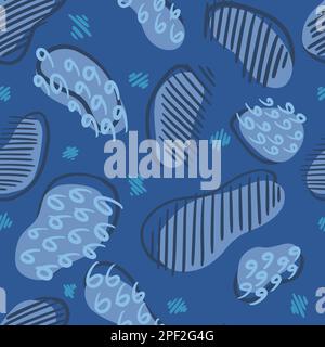 Abstraktes Blau schattiert nahtloses Muster mit auffälligen Markierungsstrichen. Hellblaue und marineblaue Farben, modischer, trendiger Hintergrund. Ovale und Kreise mit Hand-dra Stock Vektor
