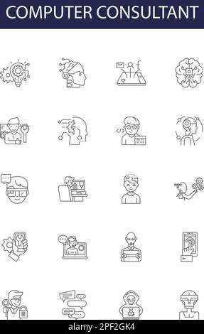 Computerberater, Linienvektorsymbole und -Zeichen. Consultant, IT, Adviser, Support, Specialized, Technischer, professioneller, Systemkonturvektor Stock Vektor