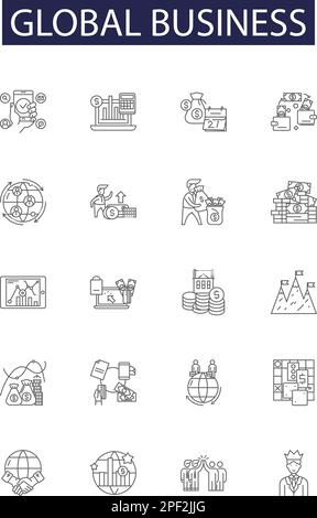 Vektorsymbole und -Zeichen für globale Geschäftsbereiche. Handel, Märkte, Investitionen, Beschäftigung, Verhandlungen, Chancen, Strategien, Management-Übersicht Stock Vektor