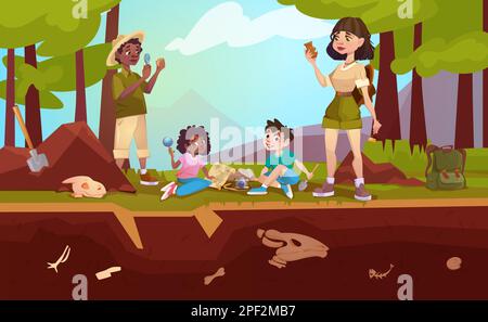 Cartoon-Archäologen erkunden Artefakte mit Lupe, Pinsel oder untersuchen Dinosaurier fossile Skelette. Kinder graben Sand, spielen in Paläontologen mit Ausgrabungsschaufel und Lupa Stock Vektor
