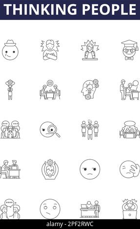 Denken Menschen streichen Vektorsymbole und -Zeichen. Rational, Einfallsreich, Intelligent, Klug, Prägnant, Anspruchsvolle, aufschlussreiche, diskriminierende Umrisse Stock Vektor