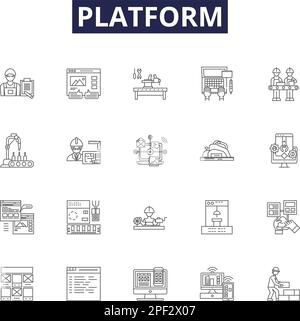 Symbole und Schilder für Plattformlinienvektoren. Technologie, Schnittstelle, Netzwerk, Architektur, Design, Darstellung der Struktur-, Computer- und Prozesskontur Stock Vektor