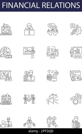 Linienvektorsymbole und -Zeichen für Finanzbeziehungen. Beziehungen, Investitionen, Kapital, Banken, Steuern, Vektor für Buchhaltung, Anlagen, Kreditstruktur Stock Vektor