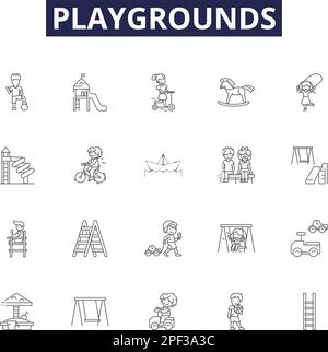 Symbole und Schilder für Spielplätze mit Linienvektoren. Spielplatz, Spielplatz, Schaukeln, Rutschen, Sandkasten, Spiele, Ausrüstung, lustige Konturen, Vektorbildungs-Set Stock Vektor