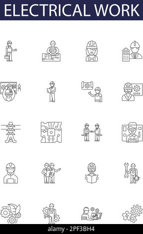 Vektorsymbole und -Zeichen für elektrische Arbeitslinien. Installation, Wartung, Reparatur, Neuverkabelung, Inspektion, Fehlerbehebung, Upgrade, Modellstruktur zur Fehlersuche Stock Vektor