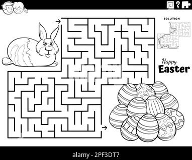 Schwarz-weiße Cartoon-Illustration eines informativen Labyrinth-Puzzle-Spiels für Kinder mit Osterhase mit Ostereier-Malseite Stock Vektor