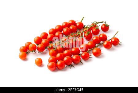 Wunderschöne lange Zweige frischer reifer Kirschtomaten auf weißem Hintergrund, Nahaufnahme von oben. Bio-Gemüse. Isolierte Kirschtomaten. Stockfoto