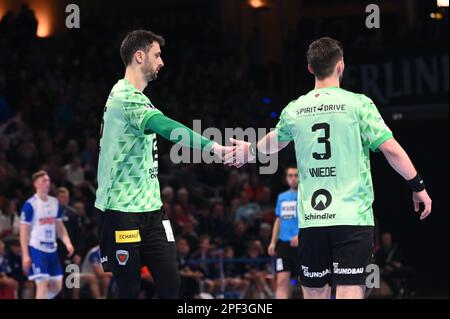 Berlin, Deutschland. 16. März 2023. Berlin, Deutschland März 16. 2023: Das Team feiert ein Tor im Spiel 1. Bundesliga - Füchse Berlin / VfL Gummersbach - Max-Schmeling-Halle. Berlin, Deutschland. (Ryan Sleiman /SPP) Guthaben: SPP Sport Press Photo. Alamy Live News Stockfoto